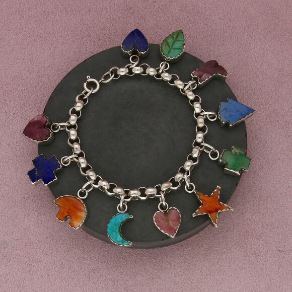 Sterling Jewelry - joan slifka sterling silver vintage southwest 11 multi-stone charm bracelet 7in